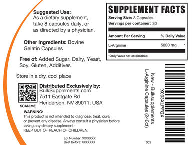 Bulksupplements.Com L-Arginine 5000Mg Capsules - Arginine Supplement, Nitric Oxide Supplement, L Arginine Capsules - Gluten Free, 8 Capsules Per Serving, 240 Capsules (Pack Of 1)