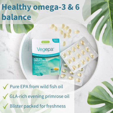 Vegepa Omega 3 Wild Fish Oil & Evening Primrose Oil Blend, 560 mg EPA Plus GLA, 60 Small Softgels