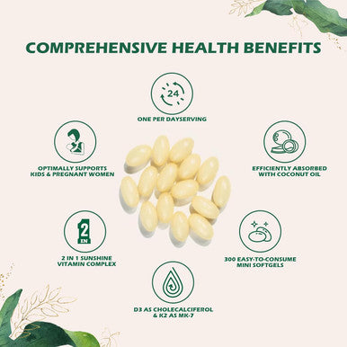 Vitamin D3 K2 Supplement Softgel, 2-In-1 10000 Iu Vit D3 + 200 Mcg Vitamin K2, Of Gmo, Gluten, Soy, Aiding In Calcium Absorption, 300 Pcs (300 Pcs)
