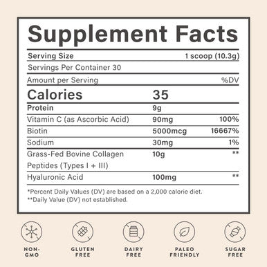 Beam Collagen Powder Collagen for Women Collagen with Hyaluronic Acid Collagen Peptides Type 1 and 3 with Biotin Grass Fed Bovine Third-Party Tested Best for Coffee Vitamin C 30 Servings