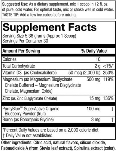 MagBlue Super Powder by Purity Products Elite Magnesium Bisglycinate Chelate Buffered Powder Organic Blueberries Key CoFactors Vitamin D3 Zinc Boron BlueberryBlast Flavor 30 Servings