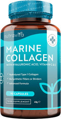 Marine Collagen 1000Mg Enhanced With Hyaluronic Acid 100Mg - 90 Super Strength Capsules - Hydrolysed Collagen Supplements - Vitamin C, Vitamin E, Vitamin B2, Zinc, Copper - Made In The Uk By Nutravita