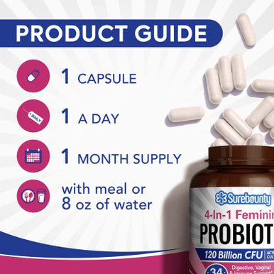 Surebounty 4-in-1 Feminine Probiotic 120 Billion CFU + 34 Strains Highest Potency for Women Prebiotics + Digestive Enzymes + Cranberry Digestive Vaginal Mood Immune & Overall Support 30 caps