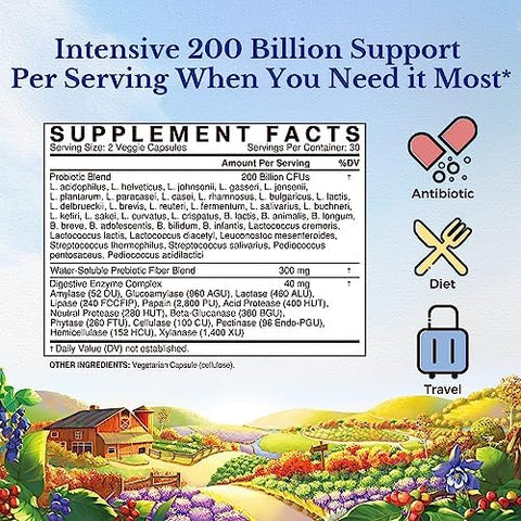 Vitalitown Probiotics 200 Billion Cfus 36 Strains Shelf Stable Acid & Bile Resistant Intensive Digestive & Immune Support Men & Women Probiotics Vegan Non-Gmo 60 Ct