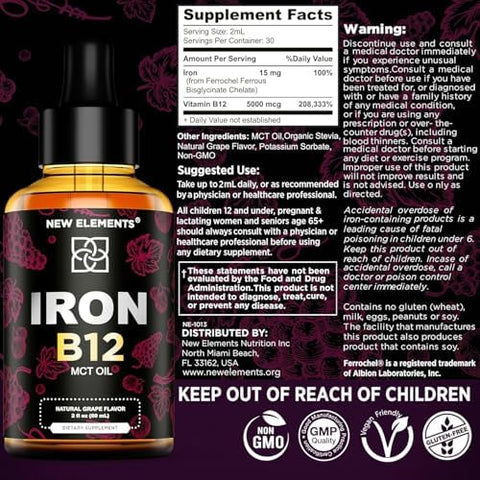 Elements Liquid Iron Supplement For Women & Men With Vitamin B12 5000Mcg - Blood Builder For Anemia - Liquid Vitamin B12 Drops For Adults With Mct Oil Natural Grape Flavor 2 Fl Oz