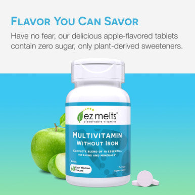EZ Melts Dissolvable Multivitamin Without Iron 18 Vitamins & Minerals Including Vitamin A Biotin Vitamin B12 Vitamin C Vitamin D3 Zinc and More Sugar-Free 1-Month Supply