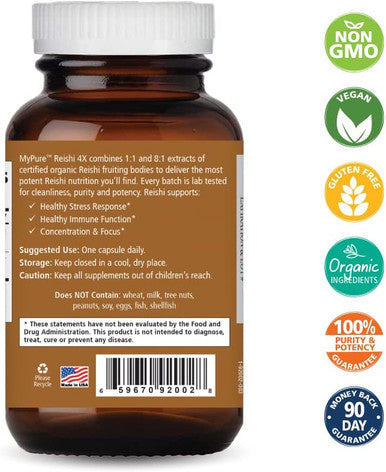 Pure Essence Labs MyPure Reishi 4X Organic Mushrooms Supplement - 100% Real Mushroom Extract for Immune Support, Stress Relief, Build Energy (60 Capsules)