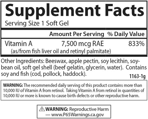 Carlson Vitamin A 25000 IU (7500 mcg RAE) with Pectin Vision Health Helps Night Vision Skin Health 300 Softgels