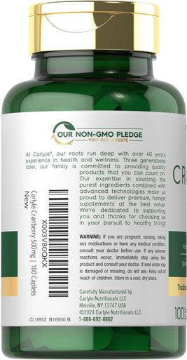 Carlyle Cranberry Pills | 500mg | 100 Caplets | Non-GMO Gluten Supplement