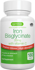High Absorption Chelated Iron Bisglycinate 20Mg With Vitamin C, Gentle Formula, Clean Label & Targeted Release, One Daily, Vegan, 180 Tablets, By Igennus