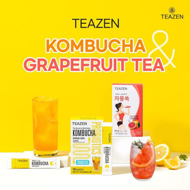 Teazen 5 Flavor 50 stick Variety Pack Kombucha Lemon Berry Citrus Peach flavor (7.05oz 40 Sticks) & Pink Grapefruit Hibiscus and Green Tea Powdered Drink Mix (1.76oz 10 Sticks)