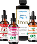 Liquidhealth Vegan Daily Essentials Vitamin Starter Kit with Organic Methyl B12 Drops Vegan Liquid Collagen + Biotin Vegan Liquid Iron Vegan Vitamin D3 Drops - 100% Plant-Based Vitamin Supplements