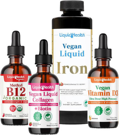 Liquidhealth Vegan Daily Essentials Vitamin Starter Kit with Organic Methyl B12 Drops Vegan Liquid Collagen + Biotin Vegan Liquid Iron Vegan Vitamin D3 Drops - 100% Plant-Based Vitamin Supplements