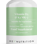 Hey Nutrition Vitamin D3 & K2 MK-7-100ug Each with MCT Oil - Suitable for Vegetarians - Support Healthy Bones Teeth Muscles Immune Function and Fatigue - Non-GMO 60 Vegetarian Capsules