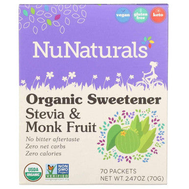 Nunaturals Organic Sweetener Stevia & Monk Fruit Sugar- Plant-Based Sugar Substitute 70 count