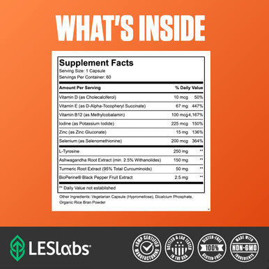 LES Labs Thyroid Support Metabolic Health Thyroid Hormone Production Energy Focus Iodine LTyrosine Ashwagandha Selenium Turmeric 60 Capsules