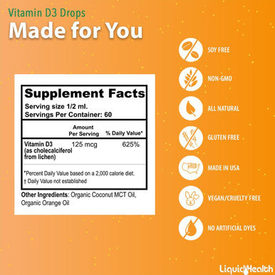 Liquidhealth Liquid Vitamin D3 5000 IU Organic Vitamin D Liquid Drops Adults & Kids Vegan Liquid Vitamin D for Immune Support Bone Health Mood Support