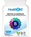 Methyl B Complex 60 Capsules (V) (not Tablets) with Methylcobalamin, Methyl Folate, P5P, Choline, Myo-Inositol, DMG and PABA for Stress Support, Energy and methylation. Made in UK by Health4All