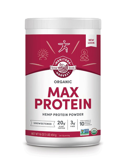 Manitoba Harvest Organic Max Protein Powder, Unsweetened, 32 oz | 20 g Protein and 4.5 g Omegas 3 and 6 per 32 g Serving, Keto-Friendly, Preservative-Free, Non-GMO, Packaging May Vary