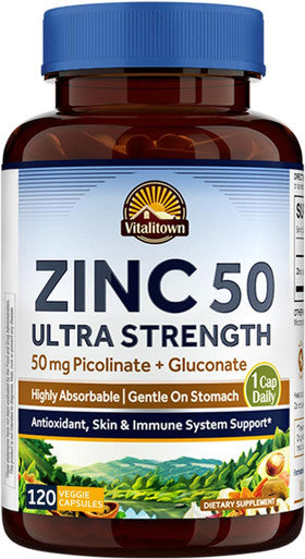 Vitalitown Chelated Zinc 50 mg Zinc Picolinate & Gluconate Well-Absorbed Immune System Healthy Skin & Development Vegan NO Gluten Non-GMO