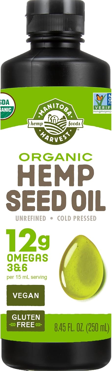Manitoba Harvest Organic Hemp Seed Oil, 8.45 fl oz | Unrefined, Cold-Pressed, 12 g of Omegas 3 and 6 Per 15 mL Serving, USDA Organic, Non-GMO