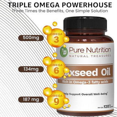 Pure Nutrition Flaxseed Oil 1000Mg With Omega 3 6 9 I 120 Veg Caps Naturally Providing 500Mg Alpha-Linolenic 134 Mg Linoleic And 188Mg Oleic Acid