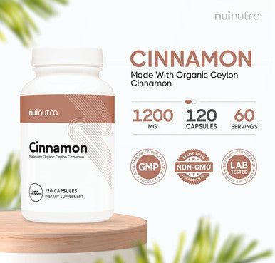 Nui Nutra Organic Ceylon Cinnamon Supplement | 1200mg | 120 Capsules | Cardiovascular Support | Joint & Immune System Support | Gluten Free and Non GMO