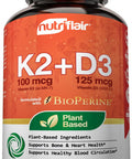 NutriFlair Vitamins D3 (5000iu/125mcg) + K2 (as Mk7) - Made with Plant-Based Ingredients Plus BioPerine Black Extract, 90 Capsules - Supports Healthy Immune, Heart and Health - Non-GMO Pills