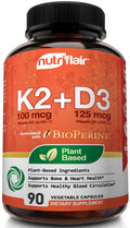 NutriFlair Vitamins D3 (5000iu/125mcg) + K2 (as Mk7) - Made with Plant-Based Ingredients Plus BioPerine Black Extract, 90 Capsules - Supports Healthy Immune, Heart and Health - Non-GMO Pills