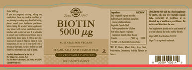 Solgar Biotin 5000 Mcg 100 Veg Caps - Promote Healthy Skin Nails & Hair - Supports Energy Production Protein Carbohydrate & Fat Metabolism - Vitamin B - Non Gmo Vegan Gluten Free - 100 Servings