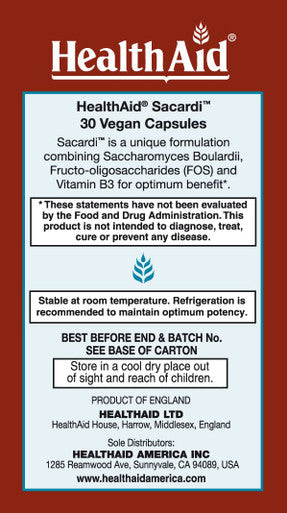 Sacardi, 5 Billion With Vitamin B3, Once Daily, 30Ct, Saccharomyces Boulardii, 5 Billion With Fos & Vitamin B3, Dairy Free, Acid & Bile Resistant Strains, Vegan