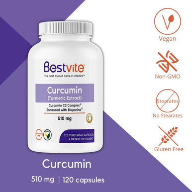 Bestvite Curcumin 510mg (Turmeric)(120 Vegetarian Capsules) with Curcumin C3 Complex & Bioperine - Standardized to 95% Curcuminoids - No Stearates - Vegan - Non GMO - Gluten
