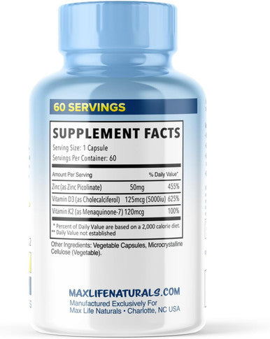 Maxlife Naturals Zinc Picolinate 50mg with Vitamin K2 MK-7 + Vitamin D3 5000 IU Zinc 50mg with 120mcg Vitamin K2 as MK7 Non-GMO Zinc Supplements Easy to Swallow Alternative to Lozenge Chewable Tablets Liquid Zinc