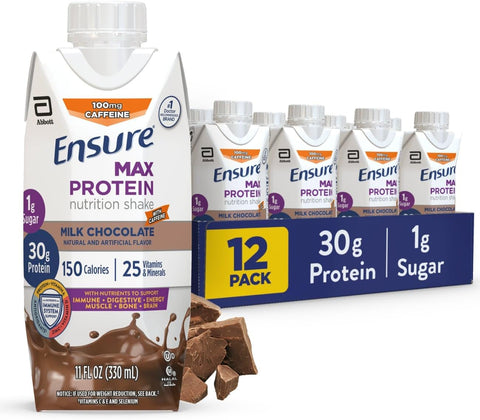 Ensure Max Protein Milk Chocolate Shake, 30g High Protein, 12 Pack | 30g Protein to Support Muscle Health & Manage Hunger for Adults, Each Protein Shake has 1g Sugar, 150 Calories, 4g Fiber