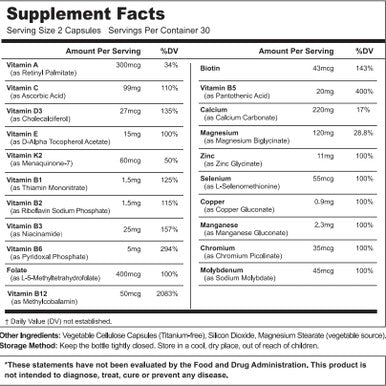 21 Vitamins &Minerals All-In-One Support, Multivitamin, Vitamin A, K2, D3,. Calcium, Zinc, Made In Usa 20 Capsules