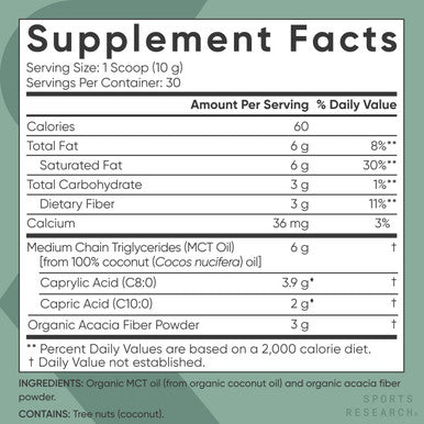 Sports Research Organic Mct Oil Powder - Keto & Vegan Mcts C8, C10 From Coconuts - Fatty Acid Brain & Body Fuel, Non-Gmo & Gluten - Unflavored, Perfect In Coffee, Tea & Protein Shakes - 10.6 Oz
