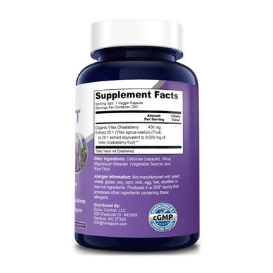Vitex Chasteberry 20:1 Extract 9,000 mg -200 Veggie Caps 200 Days Supply (Non-GMO & )