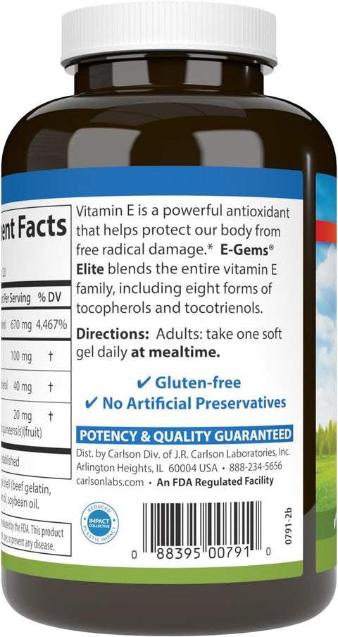 Carlson EGems Elite 1000 IU Vitamin E with Tocopherols and Tocotrienols Heart Health and Optimal Wellness Antioxidant 120 soft gels