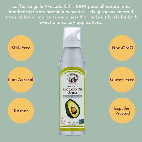 La Tourangelle, Avocado Oil Spray, All-Natural Handcrafted from Premium Avocados, Great for Cooking, Butter Substitute, and Skin and Hair Care, Spray Cooking and Grilling Oil, 5 fl oz (Pack of 2)