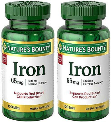 Nature'S Bounty Iron 65Mg, 325 Mg Ferrous Sulfate, Cellular Energy Support, Promotes Normal Red Blood Cell Production, 100 Tablets