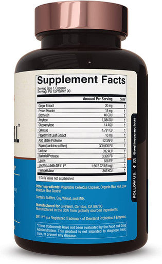 DigestWell Immediate Support - Fast-Acting Digestive Support | Broad Spectrum Enzyme, Probiotic & Herbal Formula - Decreases Everyday Gas & Bloating - 90 Capsules