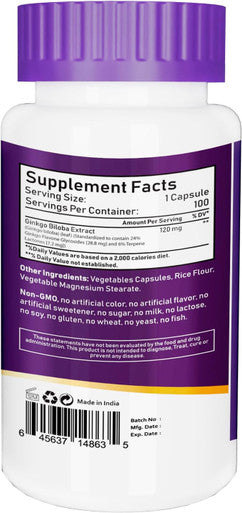 Nbl Natural NBL Natural Ginkgo Biloba Capsules 120mg Memory Support Supplement Supports Brain Function and Mental Alertness 100 Capsules