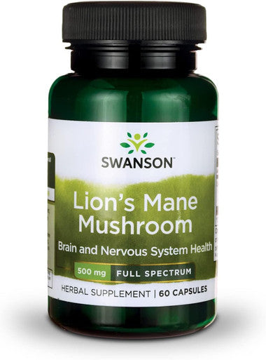 Swanson Lion's Mane Mushroom Capsules - 500 mg Each 60 Capsules - Herbal Supplement Supporting Cognitive Function