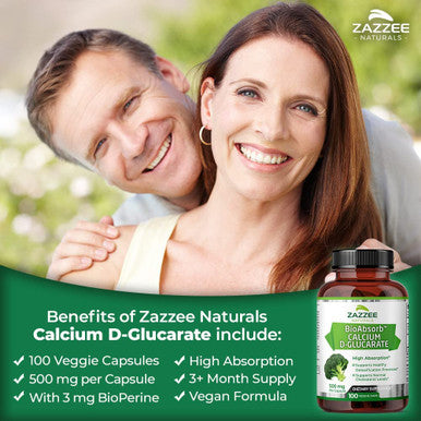 Zazzee Calcium D-Glucarate, 100 Vegan Capsules, 500 mg per Capsule, Contains 3 mg BioPerine for Enhanced Absorption, Plus Pure Broccoli Extract, Vegan, Non-GMO and All-Natural