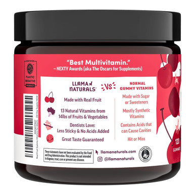 Llama Naturals Multivitamin for Women and Men Vegan Organic Gummies with Vitamin D C and K Adults Real Fruit Gummy Vitamins Chewable Multivitamin Supplement No Added Sugar Cane Cherry 120 Ct