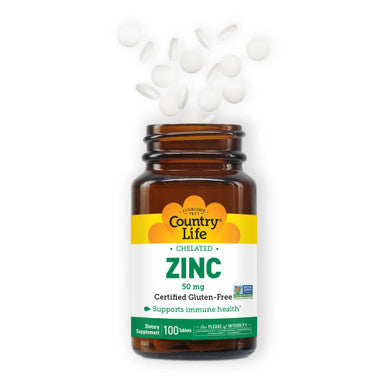 Country Life Zinc 50Mg Amino Acid Chelate 100 Tablets Certified Gluten Free Certified Vegan Non-Gmo Verified