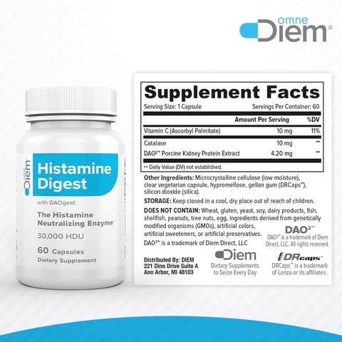 Omne Diem Dao 30000 Hdu - 60 Caps - Histamine Neutralizing Enzyme - Relieve Histamine Intolerance With Diamine Oxidase - The Original Tested Dao Enzyme Supplement