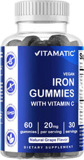 Vitamatic Iron Gummies Supplement For Women & Men - 20Mg Serving - 60 Vegan Gummies - Great Tasting Iron Gummy Vitamins With Vitamin C (60 Count (Pack Of 2))