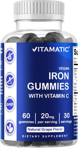 Vitamatic Iron Gummies Supplement For Women & Men - 20Mg Serving - 60 Vegan Gummies - Great Tasting Iron Gummy Vitamins With Vitamin C (60 Count (Pack Of 2))