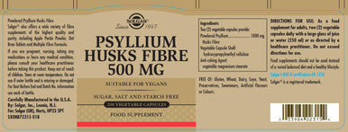 Solgar - Psyllium Husks Fiber 500 Mg 200 Vegetable Capsules